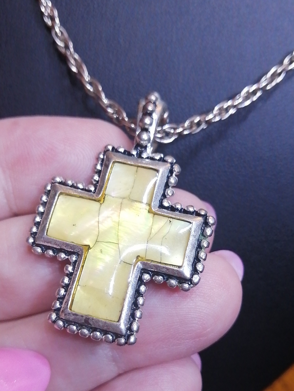 Chico's Rope Chain With Faux Abalone Removable Cross On Magnet Necklace